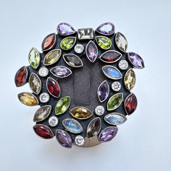 VTG Solid Sterling Silver 925 Multi-Gemstone Circle Brooch Size 1.25" Length - Picture 1 of 13